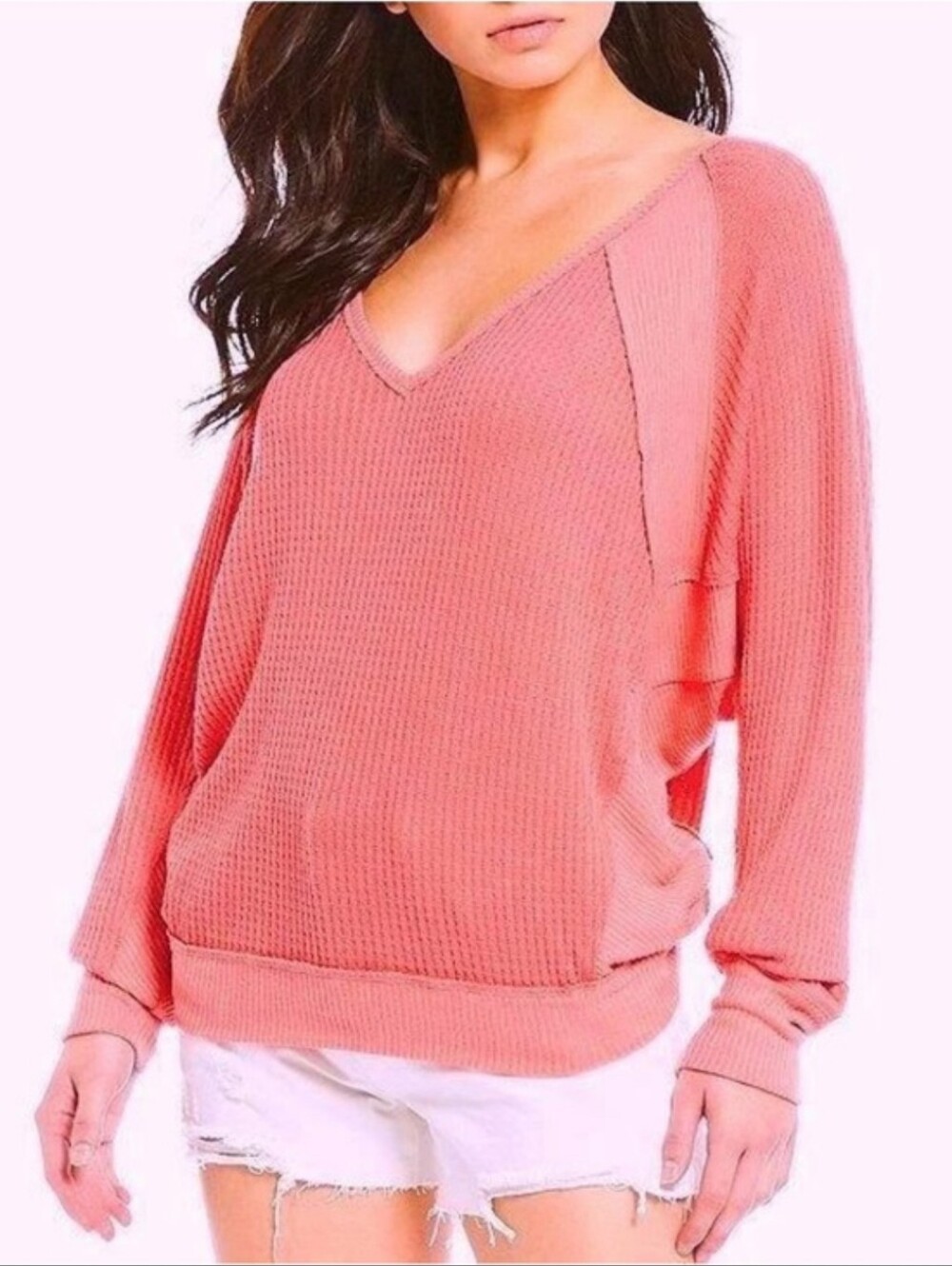 We The Free Coral Santa Clara V-Neck Slouchy Top Boho Cozy Casual Oversized Lrg - Picture 4 of 9